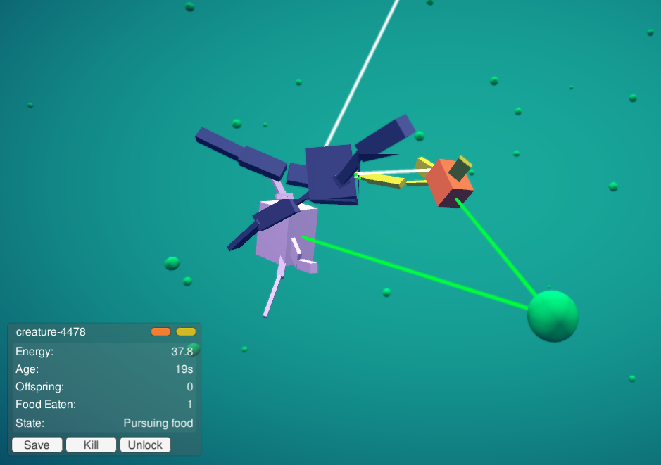 A selected coral creature chasing a large foodbit. The panel in the corner shows creature-4478 with energy 37.8, age 19 s, no offspring, one food eaten, state pursuing food, and Save, Kill and Unlock buttons.