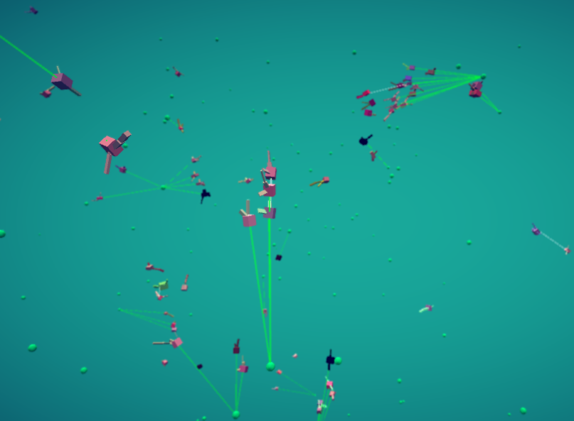 A spread-out population of small pink creatures, a few of them darkened to near black, with green lines running from mouths to foodbits.