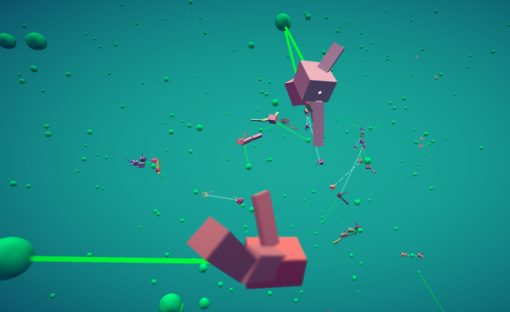 Pink block creatures in the teal water, two large ones in the foreground, with green lines from their mouths to the foodbits they are chasing.