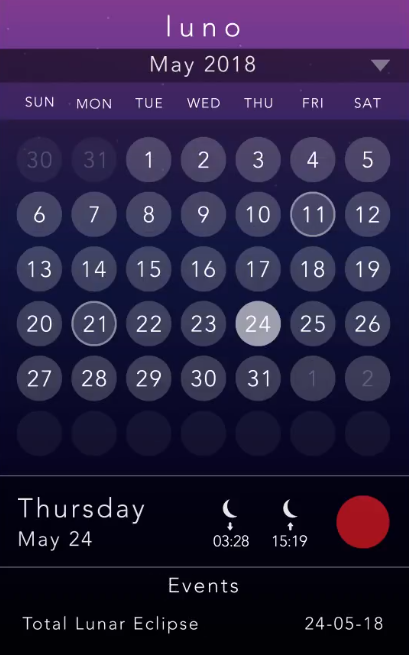 The Luno calendar for May 2018, with Thursday 24 May selected. Below the month, the moon sets at 03:28 and rises at 15:19 that day, and the events list shows a Total Lunar Eclipse on 24-05-18.