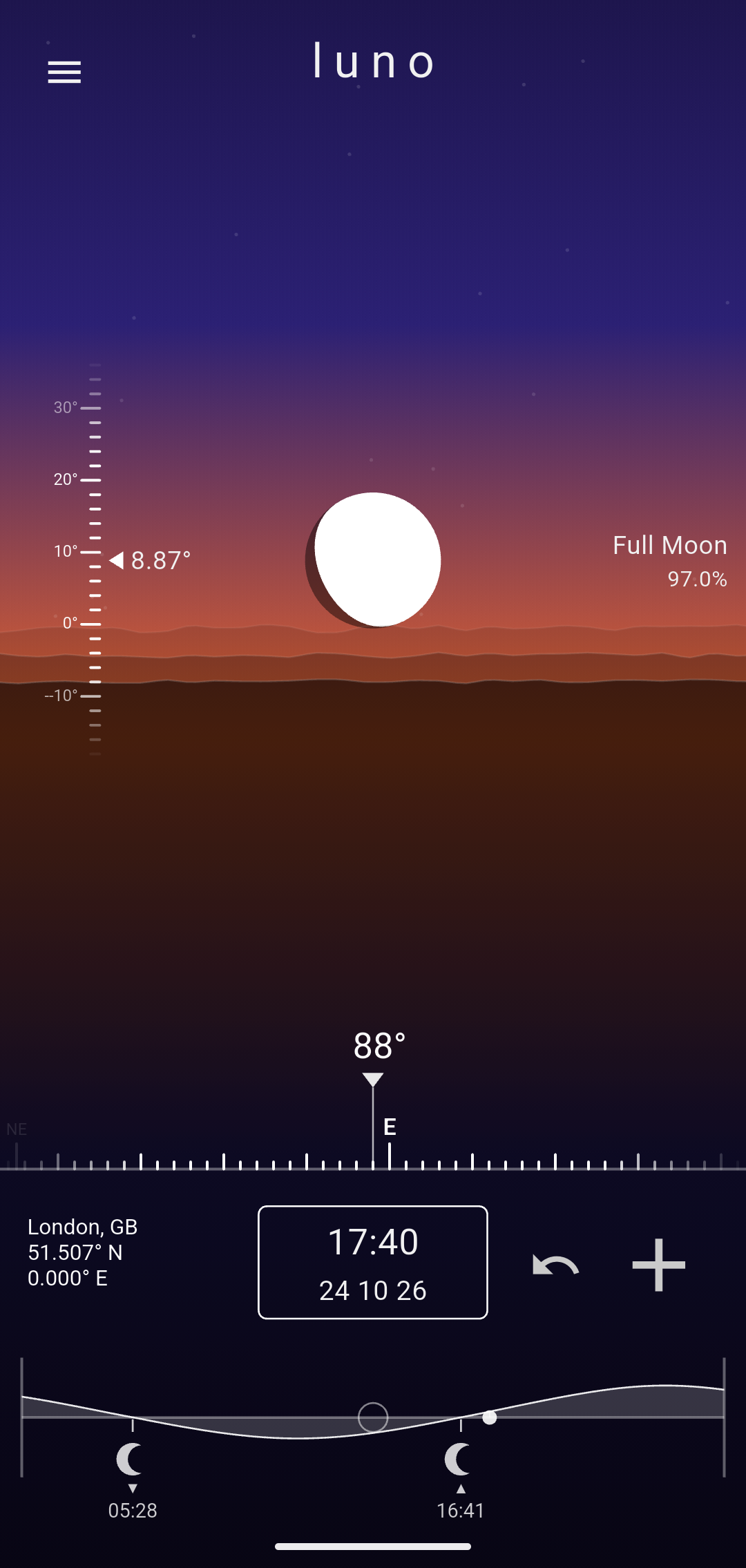 Luno at 17:40 in London. A nearly full moon sits 8.87° above the hills to the east, under a purple sky with an orange glow at the horizon and the first faint stars. It is labelled Full Moon, 97.0% lit.